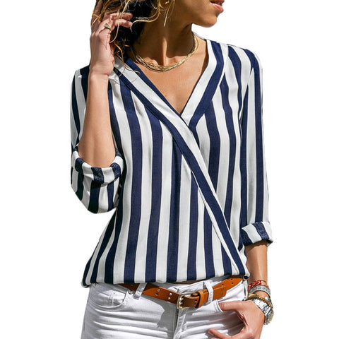 Women Striped Blouse Shirt Summer V-Neck Long Sleeve Casual Blouses Female Slim Blusas Shirts Tops