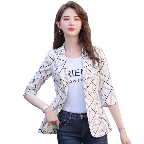 Women Suit Elegant 3/4 Sleeve Single Button Blazer Jacket Casual Print Lady Office Blazer Outwear Coat Female Clothes 4X