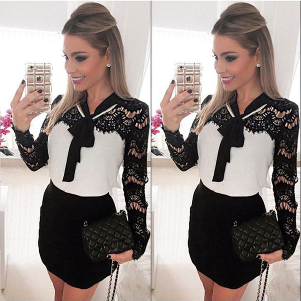 Fashion Women Summer Lace Long Sleeves Party Cocktail Short Mini Dress Sexy Bow Skinny Slim Dresses