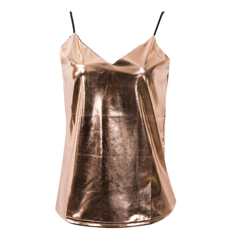 Fashion Women Summer Vest Top Sleeveless Casual Tank Tops Gold Sliver Solid V-neck Tops