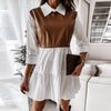 Women Turn-Down Collar Patchwork Dress Casual Lady Ruffle Party Dress PU Leather Long Sleeve Mini Dress Vestidos