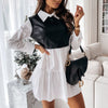 Women Turn-Down Collar Patchwork Dress Casual Lady Ruffle Party Dress PU Leather Long Sleeve Mini Dress Vestidos