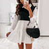 Women Turn-Down Collar Patchwork Dress Casual Lady Ruffle Party Dress PU Leather Long Sleeve Mini Dress Vestidos