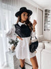 Women Turn-Down Collar Patchwork Dress Casual Lady Ruffle Party Dress PU Leather Long Sleeve Mini Dress Vestidos