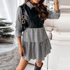 Women Turn-Down Collar Patchwork Dress Casual Lady Ruffle Party Dress PU Leather Long Sleeve Mini Dress Vestidos