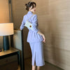 Women Vintage Temperament Elegant Office Professional Belt Loose Suit Jacket Blazer High Waist Skirt Female 2 Pieces Set