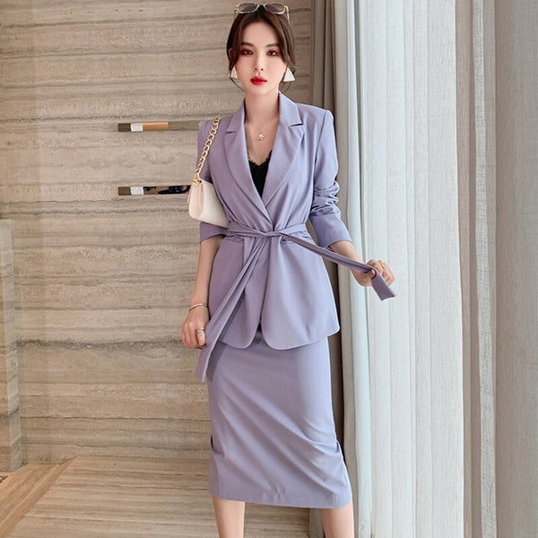 Women Vintage Temperament Elegant Office Professional Belt Loose Suit Jacket Blazer High Waist Skirt Female 2 Pieces Set