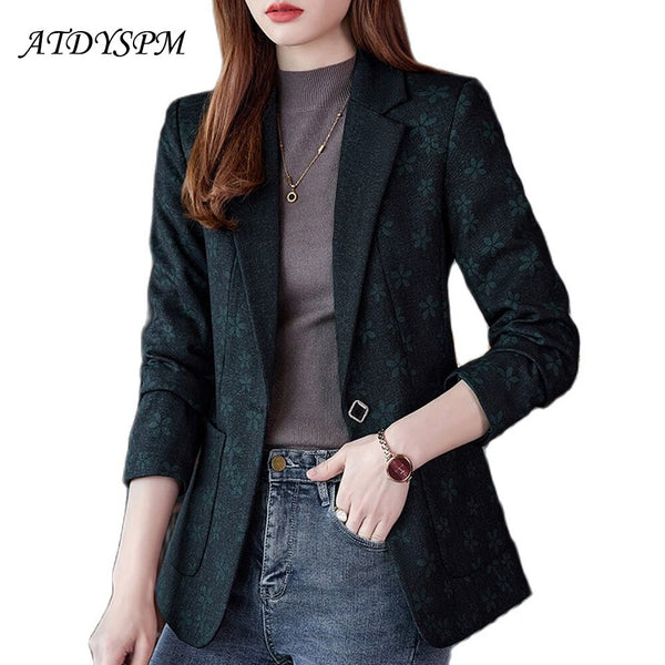 Women's Blazer Long Sleeve Notched Collar Floral Printed Casual Black Suit Jacket 2023 Autumn Elegant Ladies Office Coat