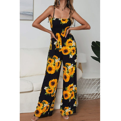 Women's Sleeveless Sunflower Printed Lace-up Sling High Waist Loose Wide-leg Pants Beach Jumpsuit Rompers Overalls#g3