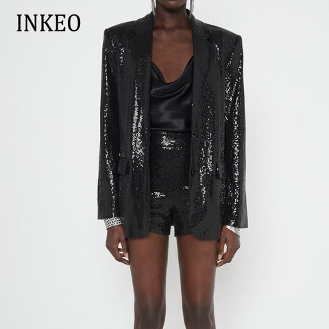 Women sequin Blazer 2023 Spring Autumn Loose Female Jacket Office lady suit Shorts Club 2 Piece set Elegant INKEO 1O271