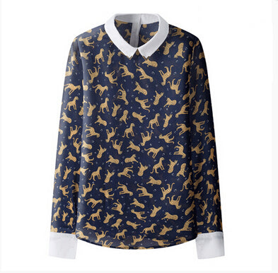 Fashion Womens Blouses Long Sleeve Pink Chiffon Printed Peter Pan Collar Ladies Tops Autumn Basic Shirt