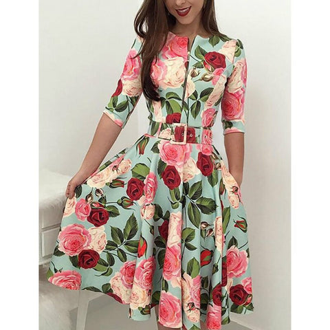 Womens Floral Print Women Belt Dress Bardot Bodycon Skater Ladies Cocktail