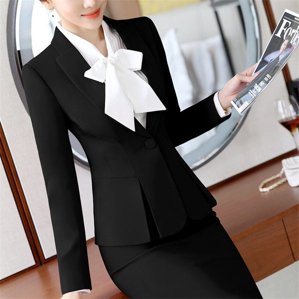 Womens Formal Suits Office Ol Uniform Designs Long-Sleeve Blazer With Skirt Suits Work Wear 2 Piece Sets Plus Size