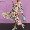 Womens Long Maxi Dress ZANZEA Elegant Print Vestido Female Puff Sleeve Robe Femme Chic V Neck Drawstring Kaftan Oversize