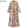 Womens Long Maxi Dress ZANZEA Elegant Print Vestido Female Puff Sleeve Robe Femme Chic V Neck Drawstring Kaftan Oversize