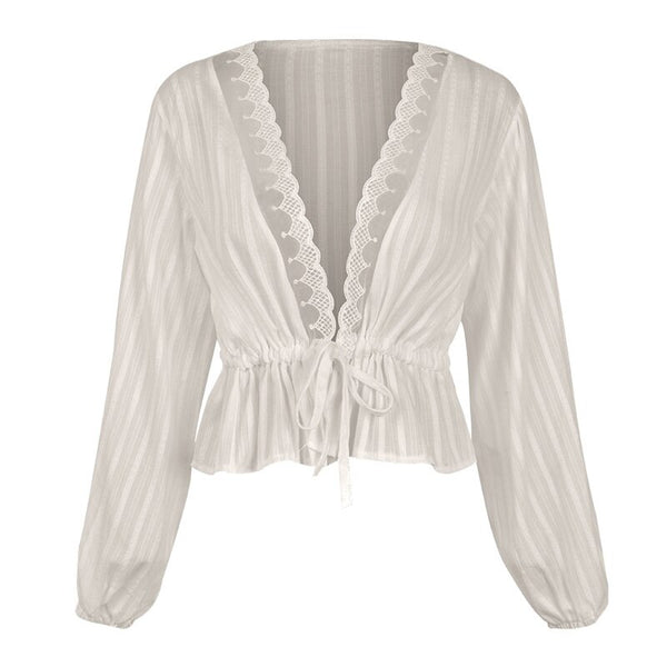 Womens Tops and Blouses Elegant Long Sleeve Lace Top V Neck OL Shirt Ladies Dames Party Club tunique femme Streetwear