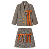 Y2K Skirt Suits Women Autumn Print Bow Long Sleeve Suit Jacket With Mini Skirts Elegant Blazers Outfit Ladies