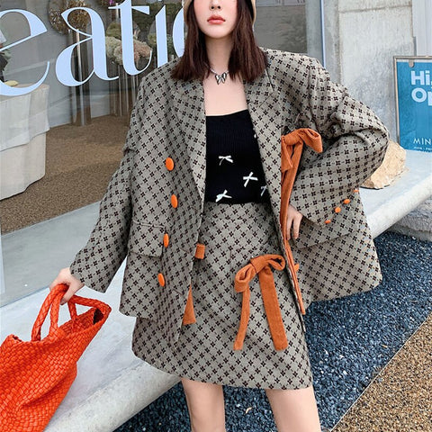 Y2K Skirt Suits Women Autumn Print Bow Long Sleeve Suit Jacket With Mini Skirts Elegant Blazers Outfit Ladies