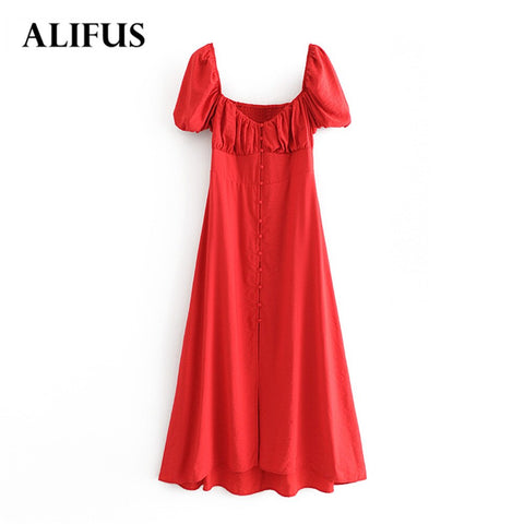 Za Women Dress 2022 Square-neck-breasted Midi red dress with elegant temperament and charming ladies Vestidos