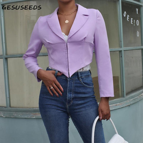 blazer women long sleeve jacket notched elegant cropped blazer solid slim jacket women korean zip up coat purple 2022