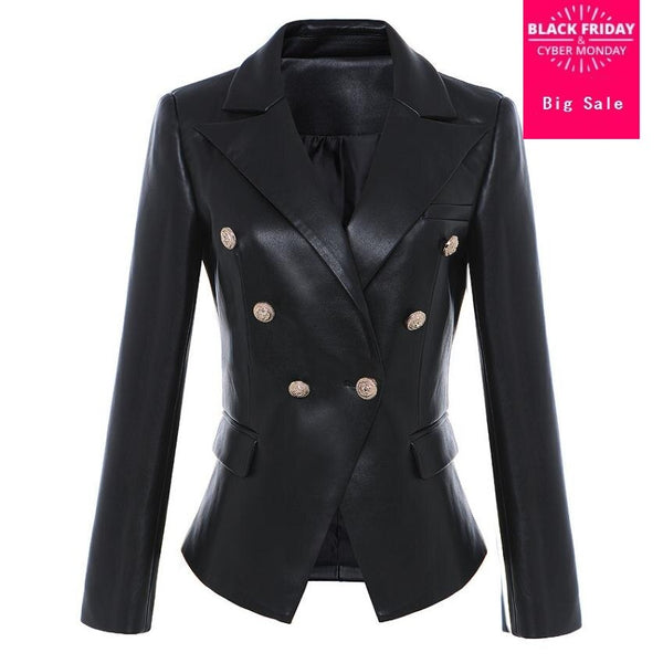 brand metal buttons pu leather blazer 2023 spring women 's Korean version double breast suit jacket wj2008