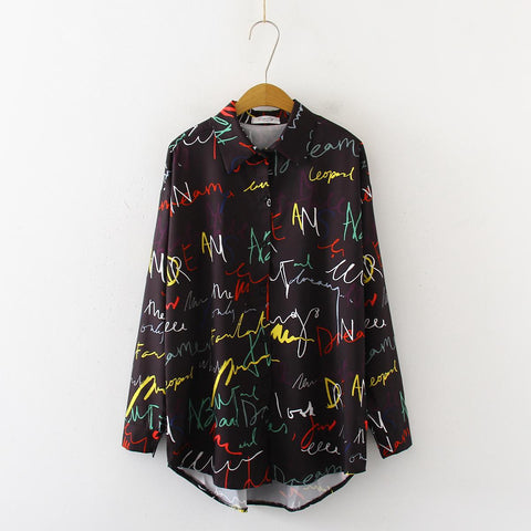 casual BF Blouse streetwear Women Graffiti letter printing Blouses Streetwear Turn Down Collar Long Sleeve Loose Shirt