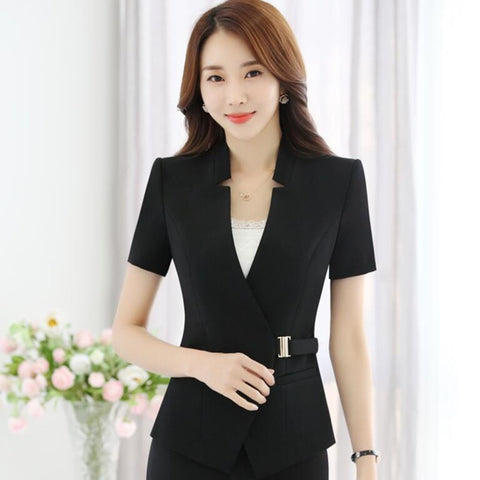 Fashion elegant belt women blazer new summer formal slim short sleeve jacket office ladies plus size work wear Business coat