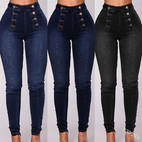 ladies jeans street style small feet jeans trendy double-breasted slim stretch women's trousers