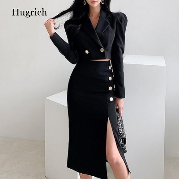spring black suit female OL professional temperament short suit split mid-length pencil skirt solid color skirt suit