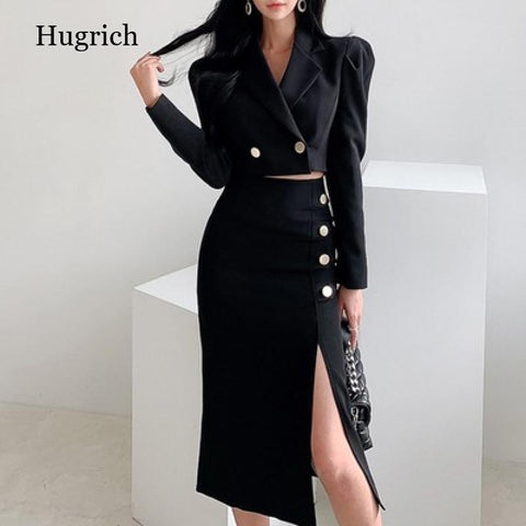 spring black suit female OL professional temperament short suit split mid-length pencil skirt solid color skirt suit