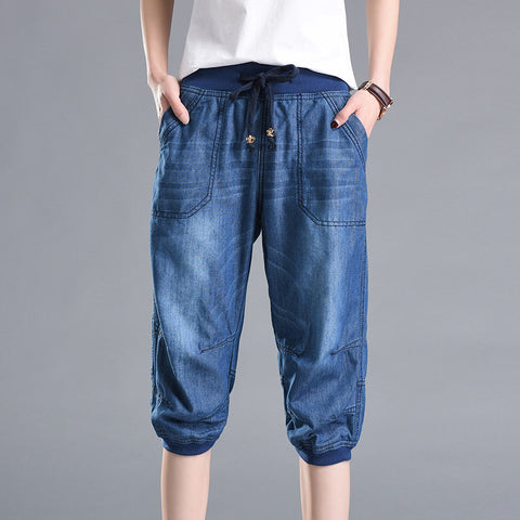 Fashion street wear Knee Length denim harem pants 2022 new Summer Casual plus size Drawstring jeans for blue beach jeans