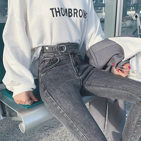 street wear skinny jeans Women vintage slim waist Ankle-Length pencil jeans 2022 waist chain boyfriend denim pants