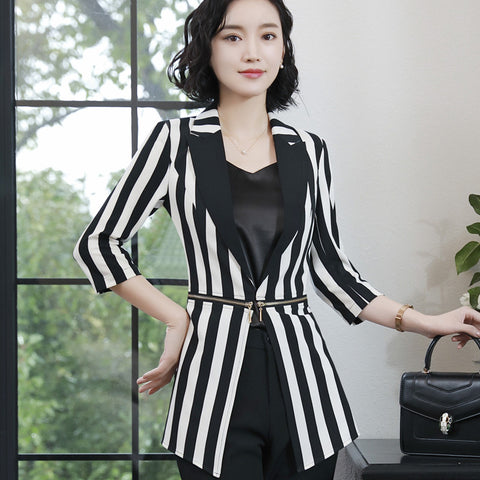 Fashion stripe half sleeve women blazer  New elegant plus size formal slim jackets office ladies work wear uniform black white
