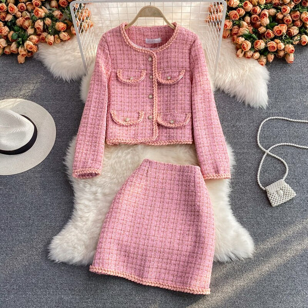 suit autumn and winter short suit jacket female two-piece high waist bag hip skirt