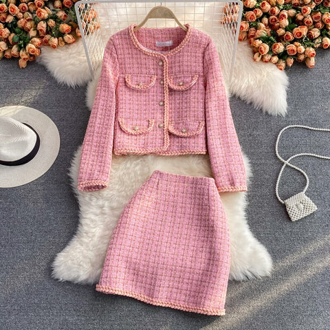 suit autumn and winter short suit jacket female two-piece high waist bag hip skirt