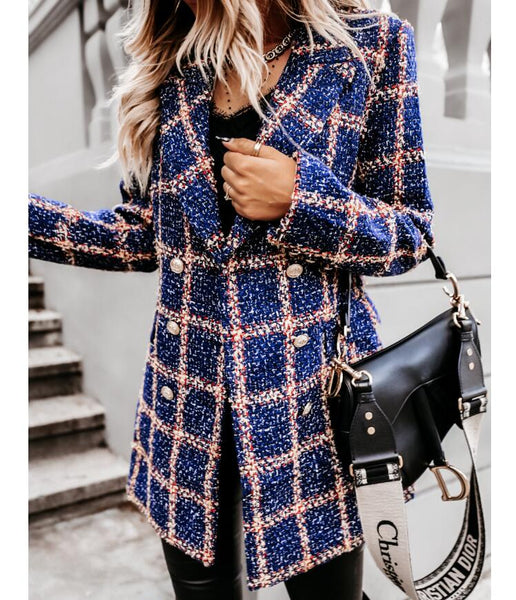Fashion suit women blazer dress Autumn Winter Double Breasted Plaid Pocket Button Front Military Style Mini Dress