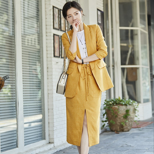 summer Women Skirt Suits Notched Cotton linen Blazer Jackets & Loose skirt Two Pieces OL Sets Female Outfits Women's Set