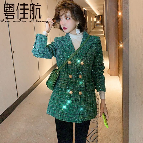 temperament sequined tweed double-breasted foreign style plaid suit jacket women's 2022 winter style