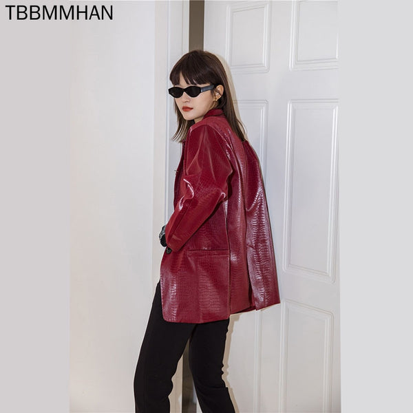 women's Crocodile pattern Red Pu Leather Jackets Female Chains stitching glossy pu leather Jackets