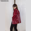 women's Crocodile pattern Red Pu Leather Jackets Female Chains stitching glossy pu leather Jackets