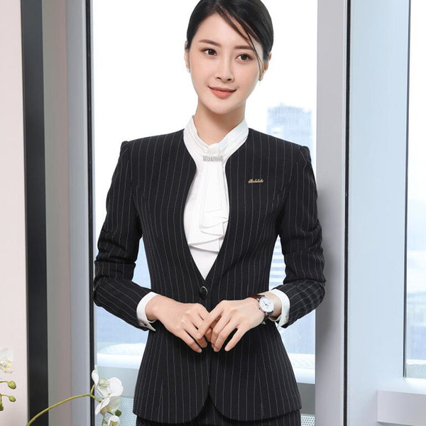 Fashion women stripes blazer winter elegant formal Interview long sleeve slim V Neck jacket office ladies plus size work coat