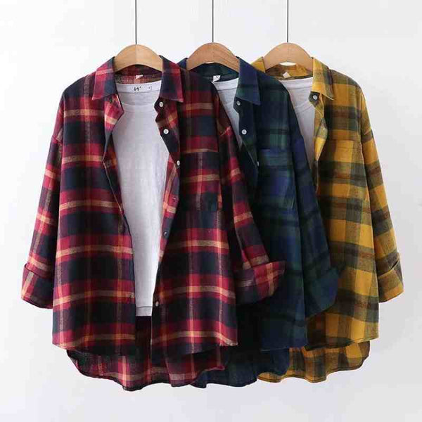 womens Cotton Blouse Shirt Plaid Loose Casual Plaid Long sleeve All-match Student Top Womens Blouses red/green yellow