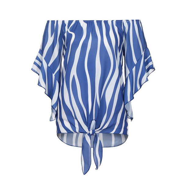 Fashion womens tops and blouses summer 2022 Striped Off Shoulder Waist Tie Blouse Short Sleeve Casual Shirts camicette Y17#N