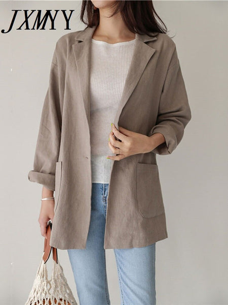 Fashionable Temperament One Button Solid Color Casual Suit Top Women's 2023 Autumn Simple Casual Retro Cotton Linen Thin Suit