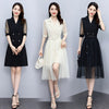 Fashionable Women Summer Sets Office Lady Double Breasted Long Blazer Dress Top+Detachable Sashes Mesh Cover Skirts 2 Piece Sets