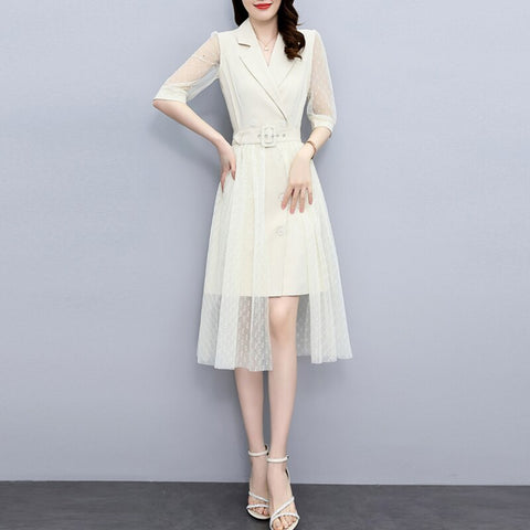 Fashionable Women Summer Sets Office Lady Double Breasted Long Blazer Dress Top+Detachable Sashes Mesh Cover Skirts 2 Piece Sets