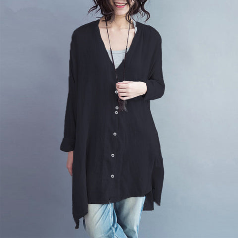 5XL Big Size Buttons Long Sleeve Shirt Women Vintage Loose V Neck Womens Tops And Blouses Female Autumn Clothes