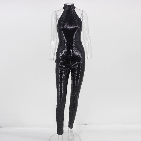 2022 spring New Arrival Halter Jumpsuit Women Sexy Stretch Strapless Sequine Bodysuit black Overalls for women