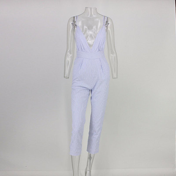 New Women Striped Jumpsuits Romper Spaghetti Sexy Backless Deep V Neck Overalls Summer Casual Beach Women Jumpsuit