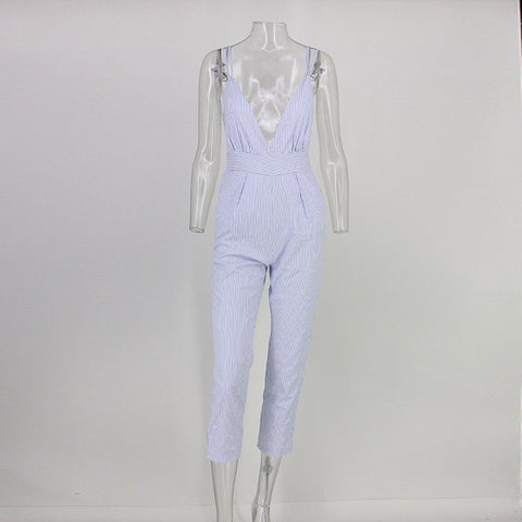 New Women Striped Jumpsuits Romper Spaghetti Sexy Backless Deep V Neck Overalls Summer Casual Beach Women Jumpsuit